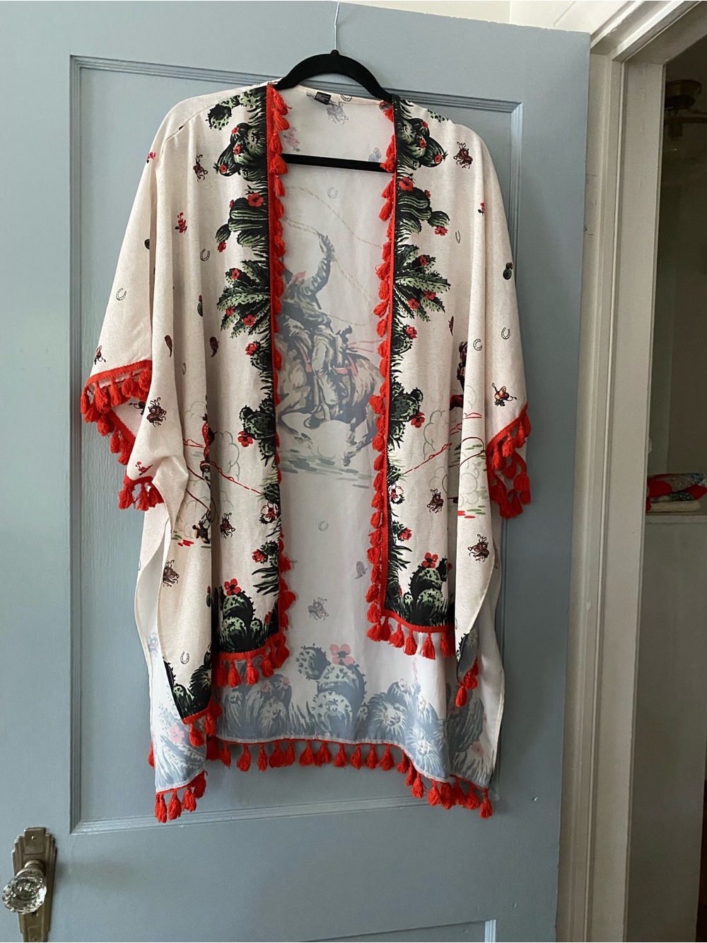 Tasha Polizzi Western Cowgirl Duster Kimono Cardigan - Red Orange Trim